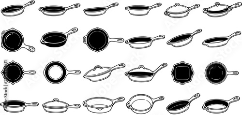 Bild auf Leinwand Kitchen Food Industry Black and White Line Art Vector Icons of Pans, Skillets, a