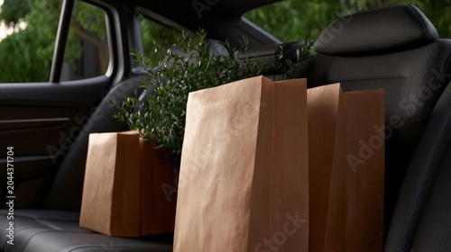 The interior of a car, specifically the back seat. on the left side of the image, there is a small potted plant with green leaves. next to the plant, there are two brown paper bags.