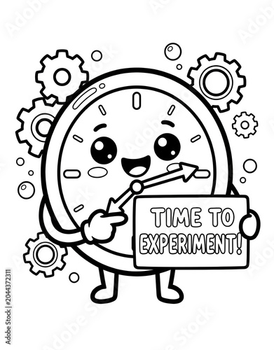 Cute wall clock mascot holding an experiment sign, science and time management cartoon outline illustration for kids coloring book.