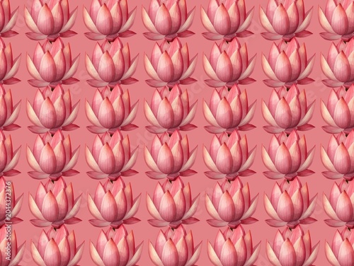 Fotografie A seamless pattern featuring stylized red lotus blossoms (Nelumbo nucifera) on a pink background