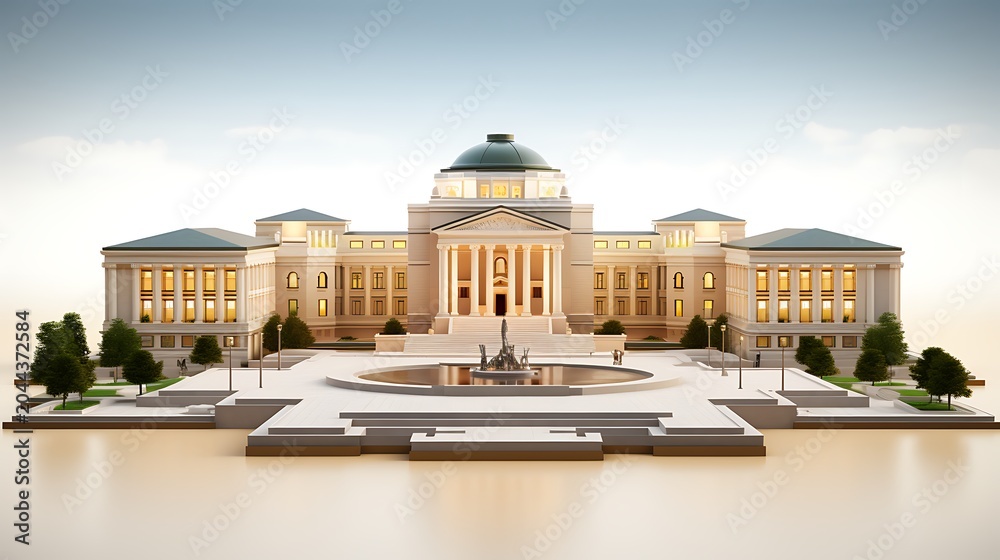 Fototapeta premium Modern Civic Center Building with Grand Entrance and Reflective Pool in Bright Daylight