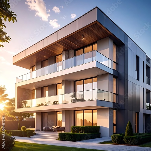A modern multi-story building with balconies at sunset