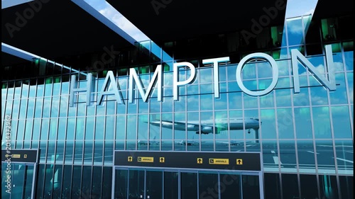 Airlane landing at Hampton, USA. Arrival in the city with reflection of airport and aircraft