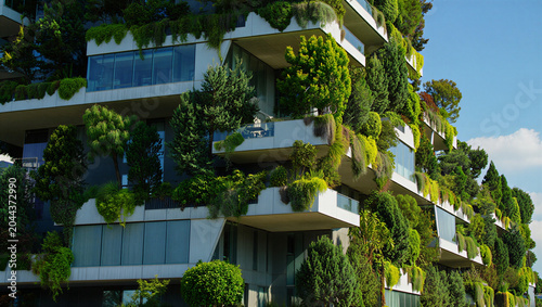 Vászonkép Modern residential building facade featuring vertical forest with balconies cove