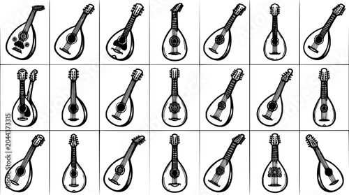 Bild auf Leinwand Music  Arts Black and White Line Art Mandolin and Lute Icons Set: Diverse Collection of String Instruments for Cultural, Folk, and Musical Designs
