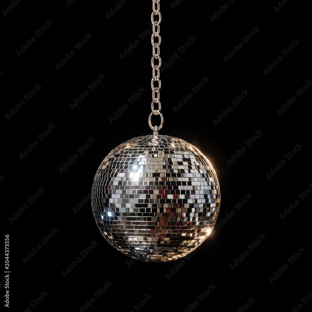 Obraz premium A reflective mirrored ball hangs from a metal chain on a dark background