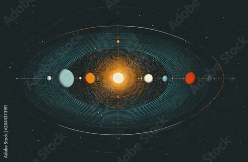 Geometric solar system with glowing star and orbiting planets, deep space