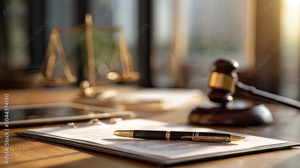 Fototapeta premium Gavel, scales of justice, pen, and tablet on a desk