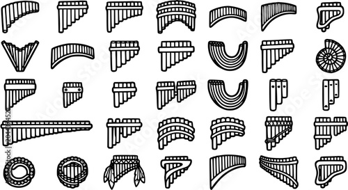 Bild auf Leinwand Diverse Pan Flutes and Panpipes Line Art Icons Set for Traditional Music Instrum