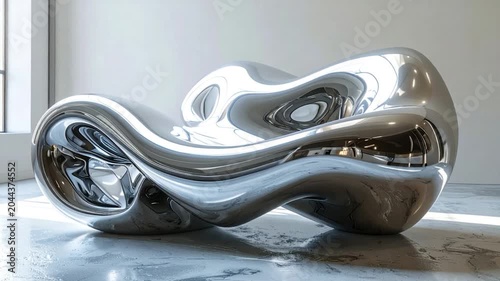 A curvaceous, chrome-like sculpture sits in a white room, reflecting light