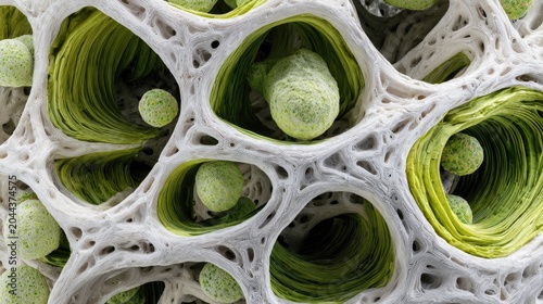 Abstract organic cellular structure with green spheres