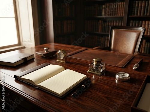 Classic Executive Wooden Desk with Open Notebook Pen and Inkwell