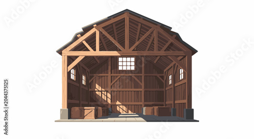 Interior of a rustic wooden structure with visible support beams and stacked crates