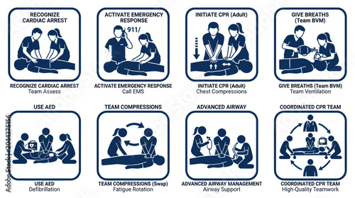 CPR Steps Diagram: Cardiac Arrest, Emergency Response, CPR, Breaths, AED, Teamwork