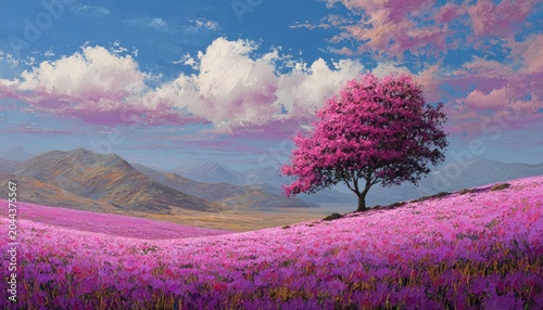 Vibrant field of purple flowers under a pink-tinged sky