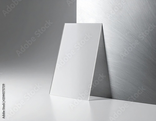 Clean blank white rectangular card stands leaning against a dual toned background featuring a smooth grey wall and brushed metallic surface, ideal for minimalist design mockups