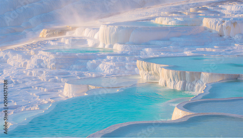 Fényképezés Natural thermal pools with turquoise water cascading over white calcium carbonat