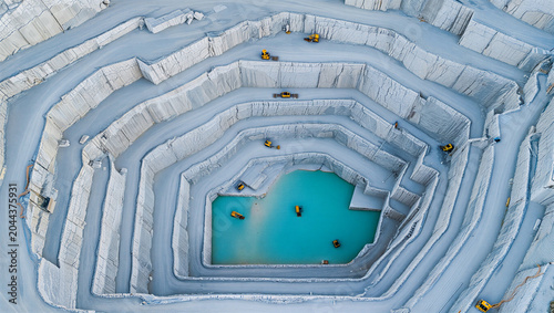 Canvas-taulu Aerial view of a deep marble quarry with terraced rock walls and a bright turquo