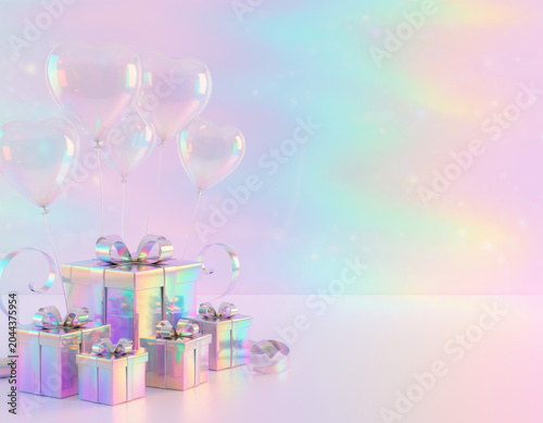 Elegant iridescent heart shaped balloons gracefully float above a beautiful collection of shimmering holographic gift boxes against a soft pastel rainbow gradient background