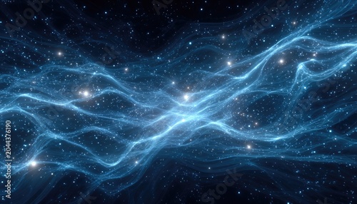 Ethereal glowing blue waves with sparkling particles in deep space