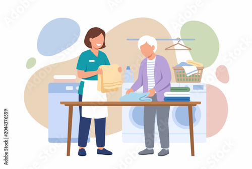 Tableau sur toile Caregiver assisting elderly woman with laundry tasks