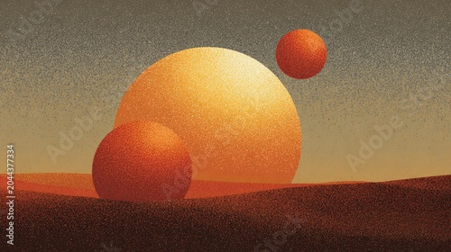 Arid alien landscape with three glowing orbs against a textured sky