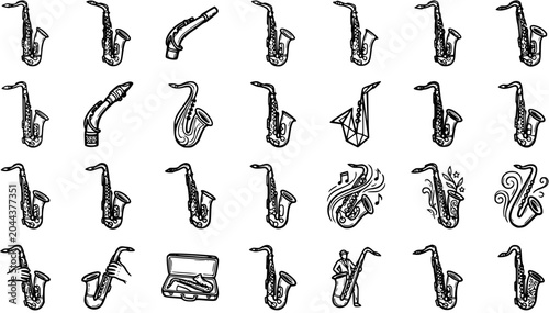 Tableau sur toile Music Industry Saxophone Black and White Line Art Doodle Collection