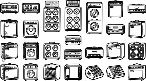 Bild auf Leinwand Hand-drawn Black  White Line Art Vector Icons: Music  Audio Amplifiers, Speaker