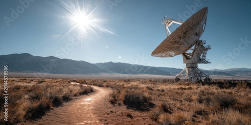 Giant satellite dish in a desolate desert under a bright sun