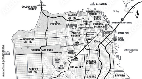 San Francisco City Map with Landmarks and Districts - Black and White