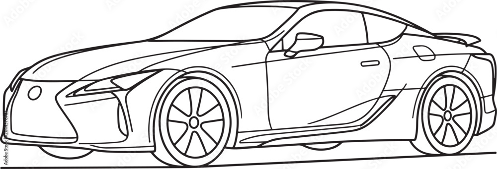 Fototapeta premium Black and white line art drawing of a sleek luxury sports car isolated on a clean and simple white background