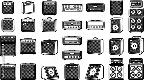 Photos Music Industry Amplifier and Speaker Vector Icons - Hand Drawn Black and White G