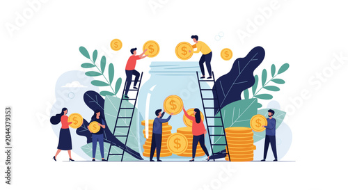 Team of people working together to save money by putting large gold coins into a giant glass jar for financial investment.
