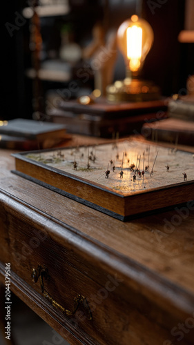 Miniature historical battlefield diorama with tiny figurine wooden table vintage lamp warm lighting strategy war scene detailed craftsmanship nostalgic atmosphere