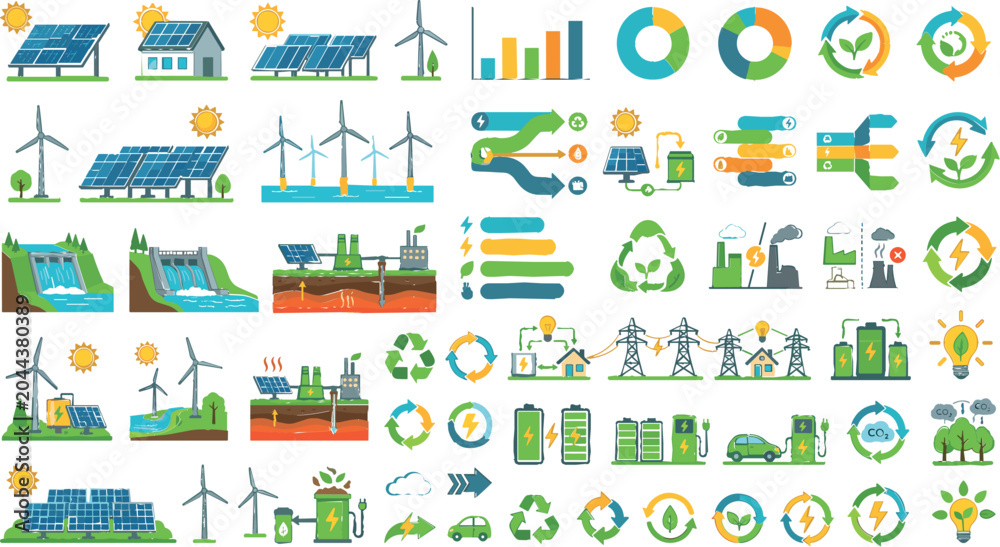 Naklejka premium Renewable Energy and Clean Power Collection with Solar Panels, Wind Turbines, Energy Storage, Electric Mobility, Smart Grid, and Sustainability Icons