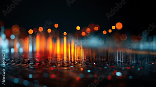 Glowing abstract city lights reflect on a dark, wet surface