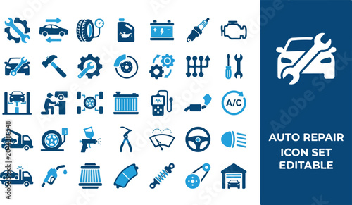Bild auf Leinwand Auto repair and car service icons vector set, car maintenance, breakdown assista