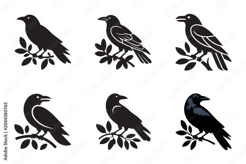 Fototapeta premium Six black birds on branches with leaves vector illustrations