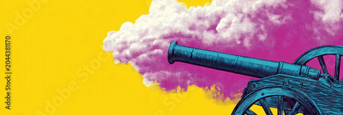 Vintage cannon firing smoke yellow background pink cloud blue illustration retro artillery dramatic Vintage cannon firing with dramatic pink smoke cloud vibrant yellow background blue artillery