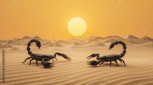 Silhouetted scorpions face off against vibrant desert sunset