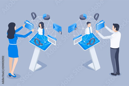 isometric vector image on a gray background, business concept, a woman and man viewing on the screen data about a person from a global database