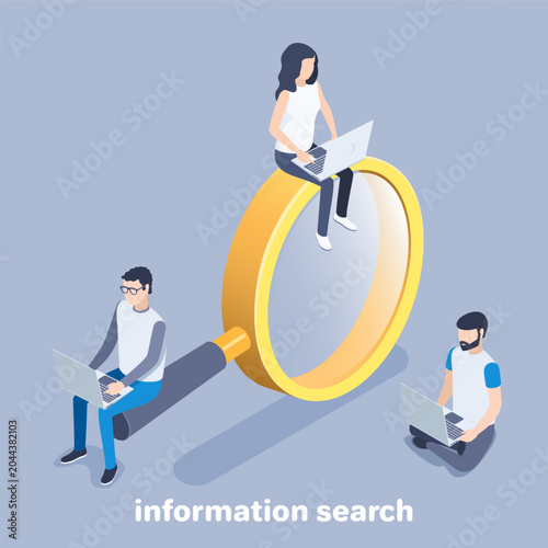 woman and man  with a laptop on a large magnifying glass, isometric vector image on a gray background, business concept internet search information