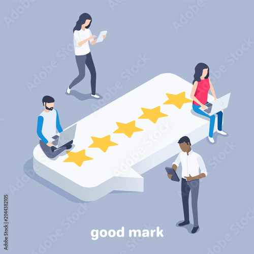 isometric vector icon on a gray background, highest rating five stars on message bubble and people with gadgets
