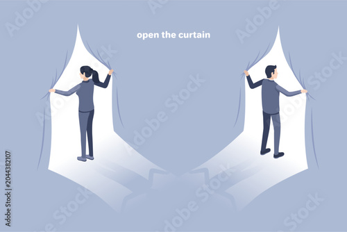 Isometric vector image on a gray background. man and woman in a business suit opens the curtain. Behind is a bright white light.