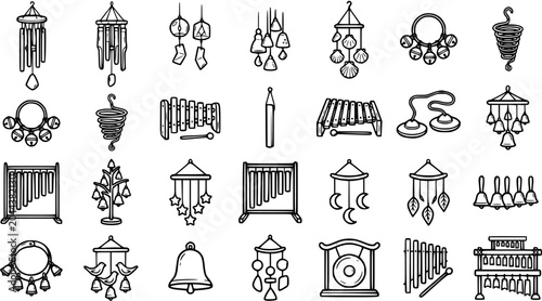 Foto Black and White Line Art Icons of Musical Instruments and Wind Chimes