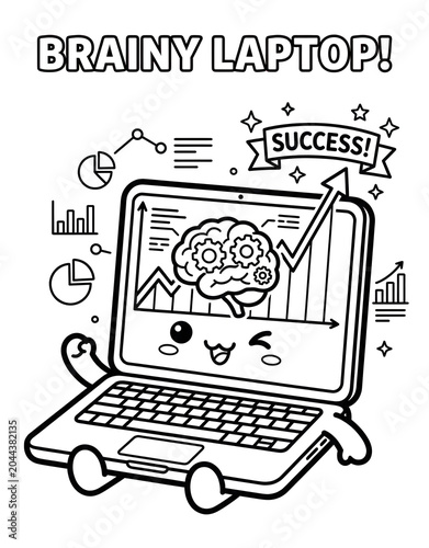 Cute laptop mascot showing brain and business data graphs, technology cartoon outline illustration for kids coloring book.