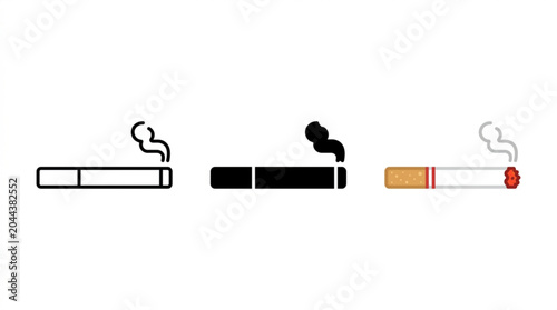 Foto A flat black silhouette icon of a lit cigarette, solid black shape on a white background, thick black wisp of smoke, minimalist vector graphic, clean edges