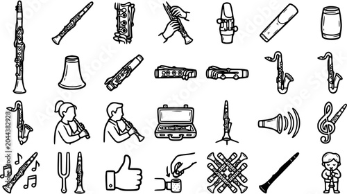 Tableau sur toile Black and White Line Art of Various Woodwind Musical Instruments and Accessories
