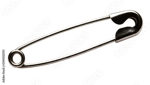Fotografie Silver metal safety pin with closed loop and pointed end