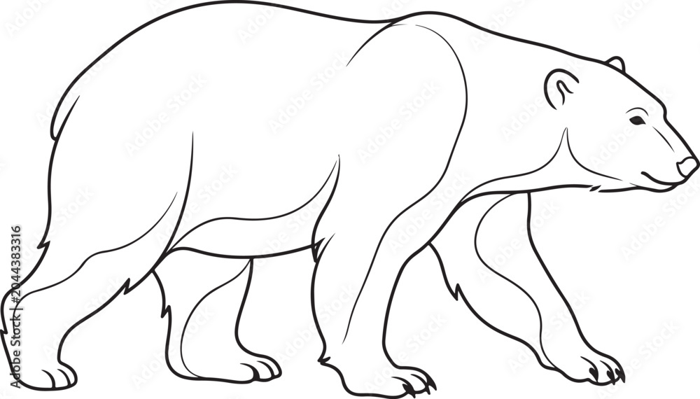 Fototapeta premium Simple black and white line art drawing of a majestic polar bear walking steadily across a clean plain white background